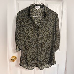 Express Green Leopard Print Button Down Blouse